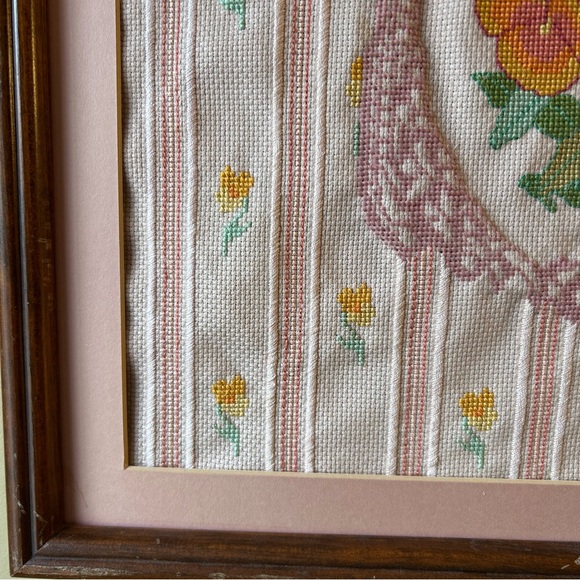Vintage Floral Cross Stitch Wooden Framed Cottage Wall Art Decor Rustic Farm - Picture 4 of 8